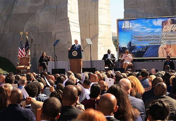 President Biden giving a speech commemorating the 10th anniversary of the Martin Luther King Jr. Memorial in Washington, D.C.